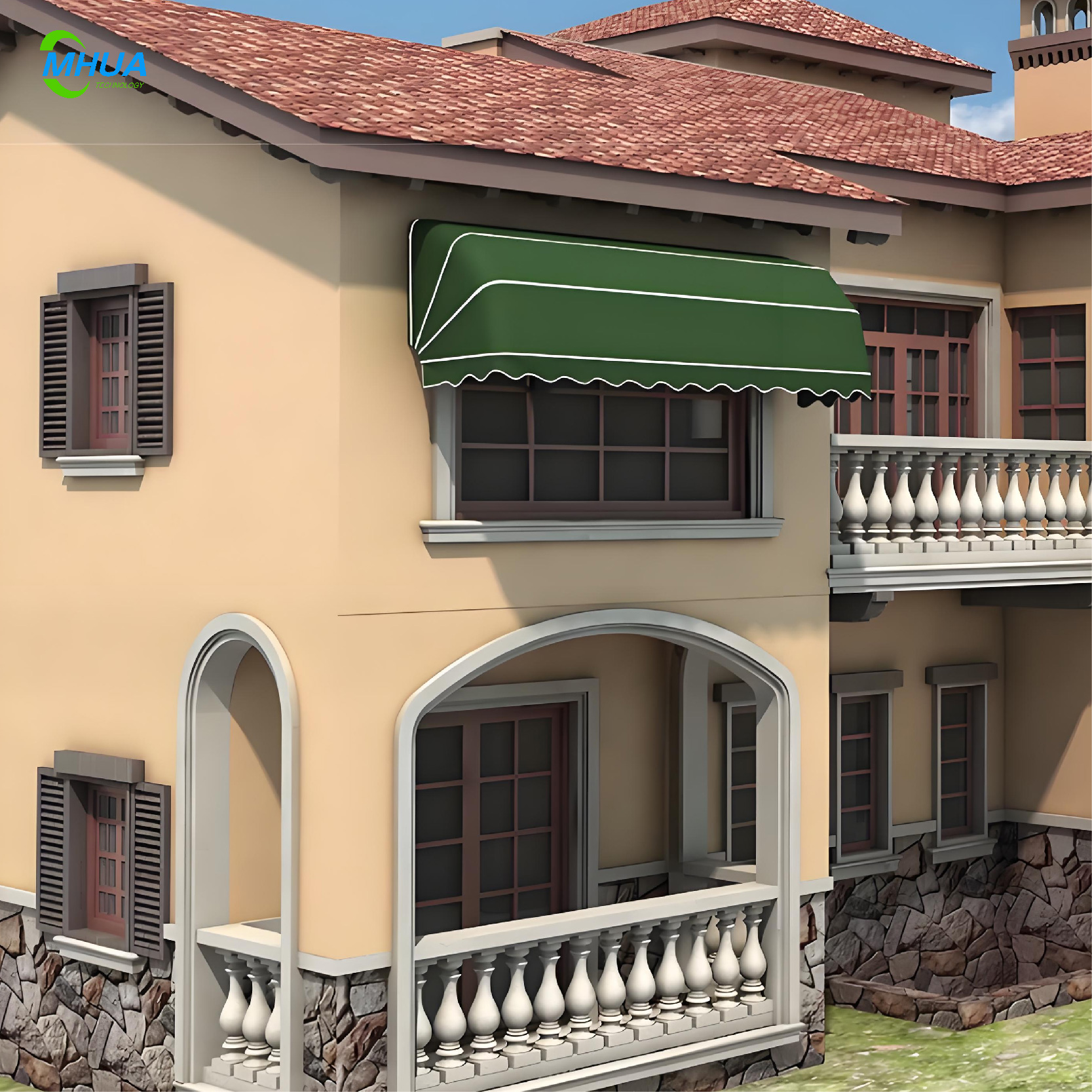 Watermelon Retractable Waterproof Window Awning Semicircular Canopy White Aluminum Alloy Frame Polyester Sail Windproof Manual - Image 4