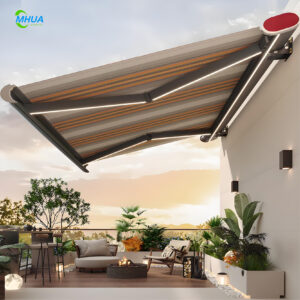 Outdoor Electric Patio Awning with White Aluminum Frame & Acrylic Remote Control Cassette White Aluminum Frame Awning for Patio